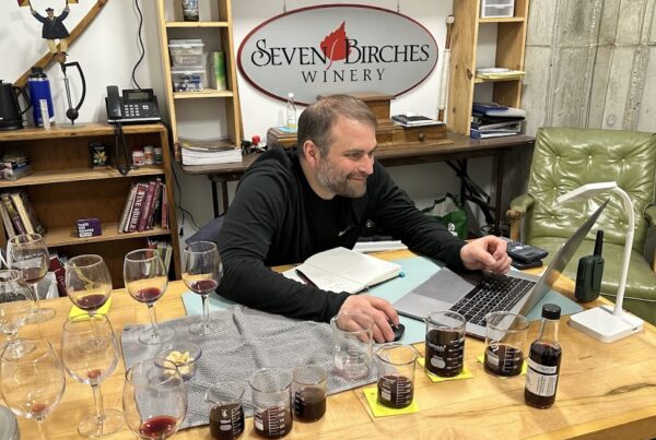 Winemaker at Seven Birches Winery, Blending Wines in Office